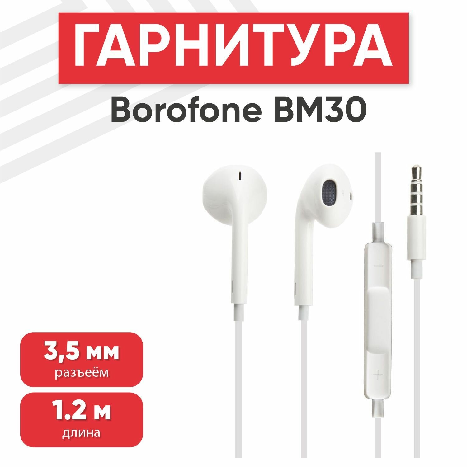 Наушники проводные с микрофоном Borofone BM30, MiniJack 3.5мм, 1.2 метра, белые