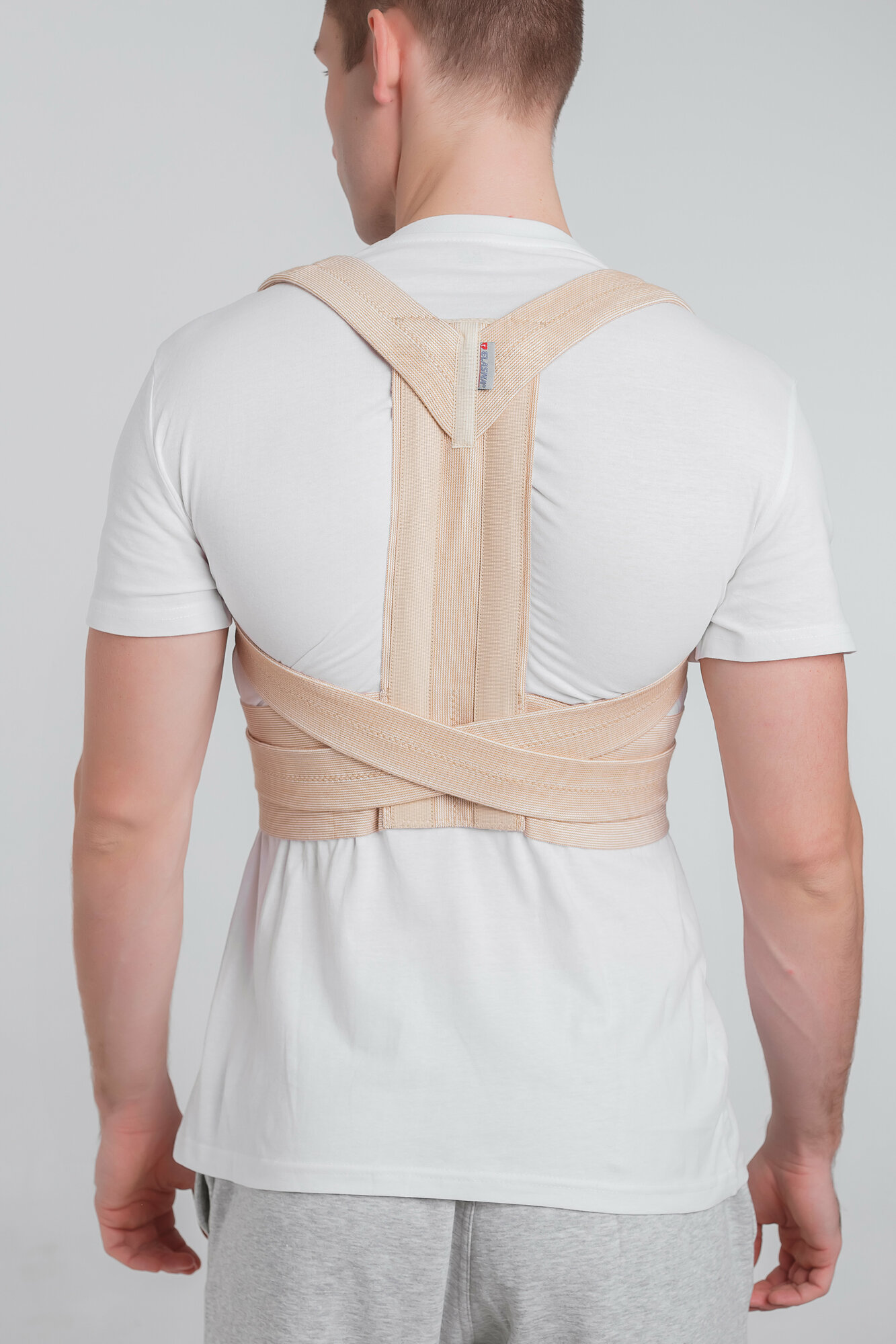 Корректор осанки ортопедический Эласма - корсет для спины медицинский эластичный, регулируемый с жесткими вставками. Бежевый, 3 размер.