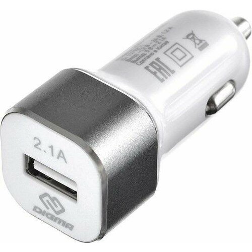 Автомобильное зарядное устройство, Digma, USB, 10.5Вт, 2.1A, белого цвета