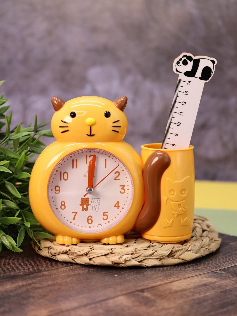 Часы настольные с будильником и подставкой для канцелярии Kitten yellow