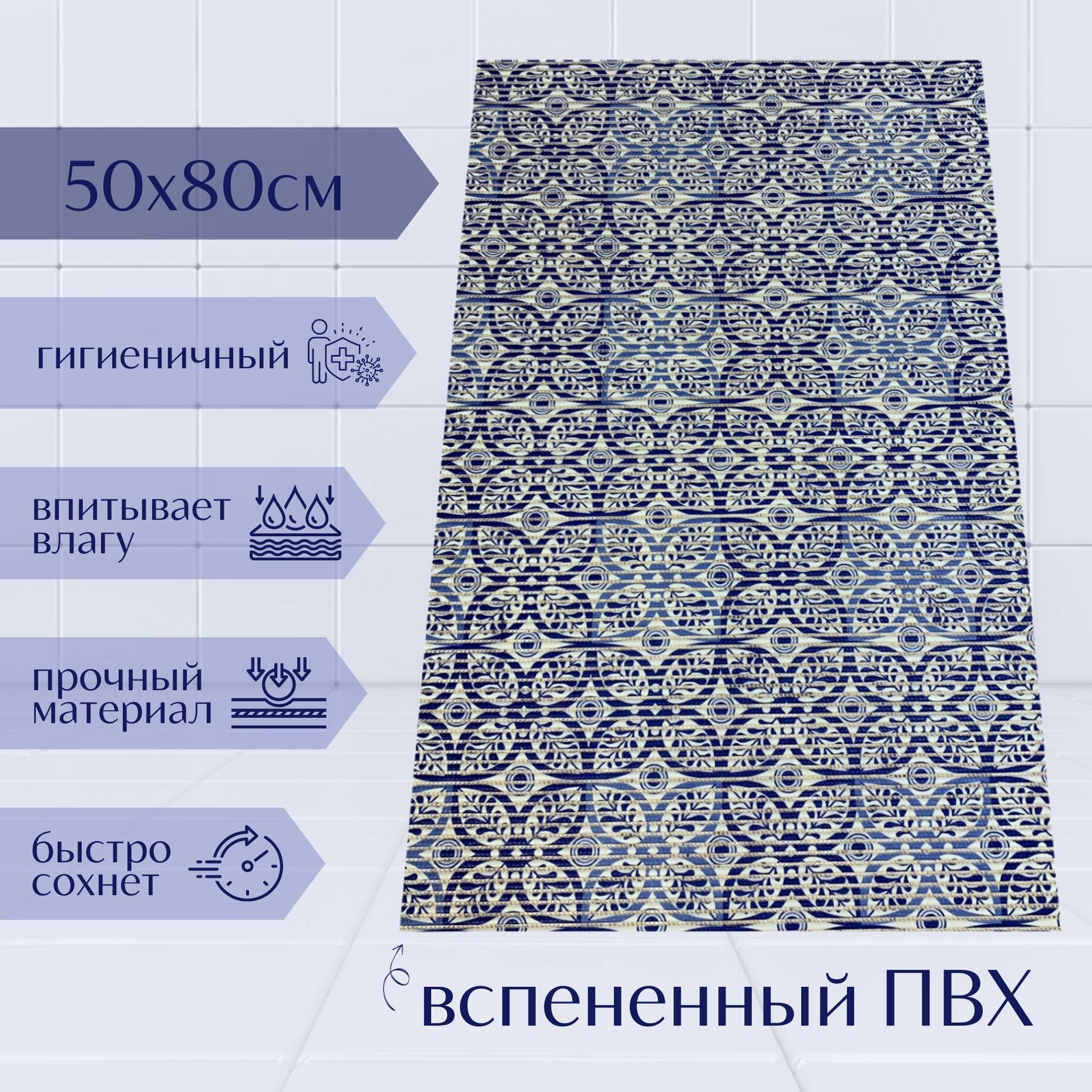 Напольный коврик для ванной комнаты из вспененного ПВХ 50x80 см темно-синий/синий/белый с рисунком 