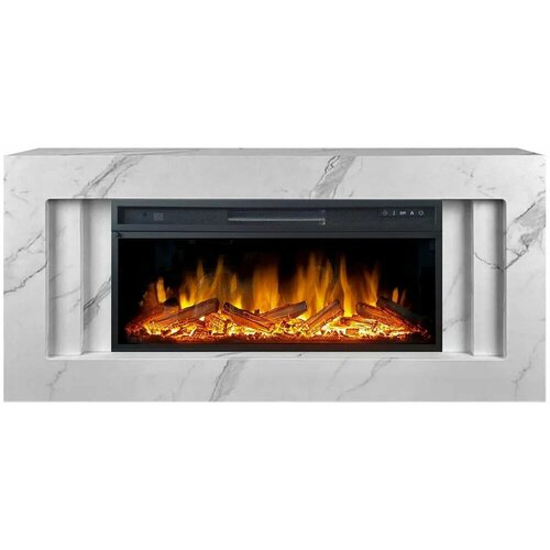 Линейный электрокамин Royal Flame Line WT-MR белый мрамор с очагом Vision 42 LOG LED, дрова, обогрев, пульт ДУ (линейный электрический камин)