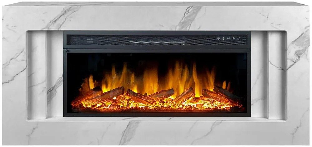 фото Линейный электрокамин Royal Flame Line WT-MR белый мрамор с очагом Vision 42 LOG LED, дрова, обогрев, пульт ДУ (линейный электрический камин)