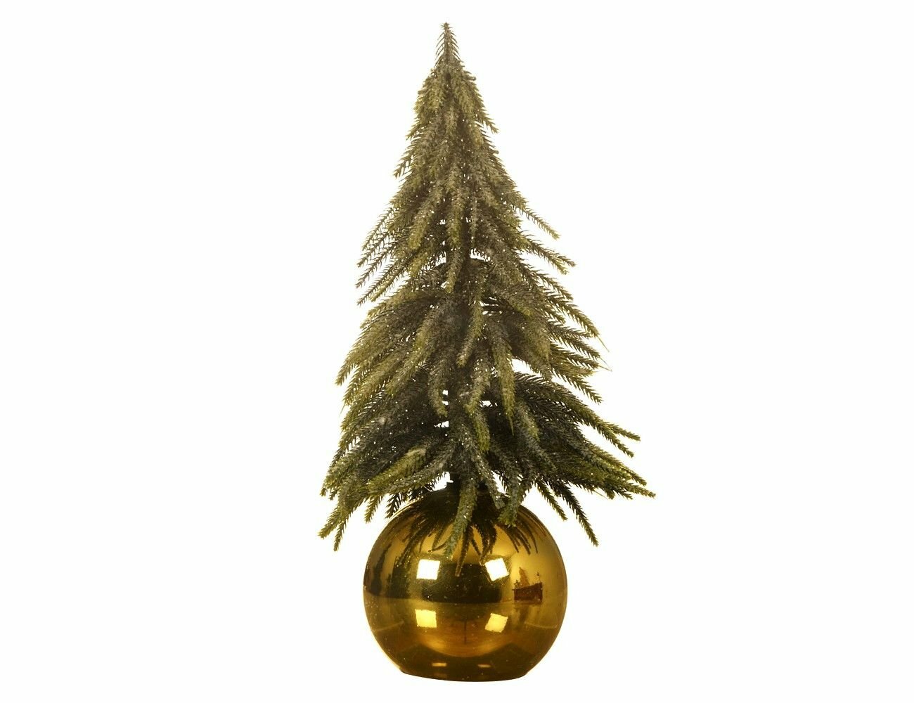 фото Настольная елка эквили на золотом шаре, зелёная с блестками, хвоя - литая 100%, 38 см, Kaemingk 680786