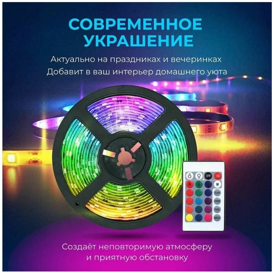 Светодиодная многоцветная RGB лента, 5 м. с блоком питания и пультом — фото 1