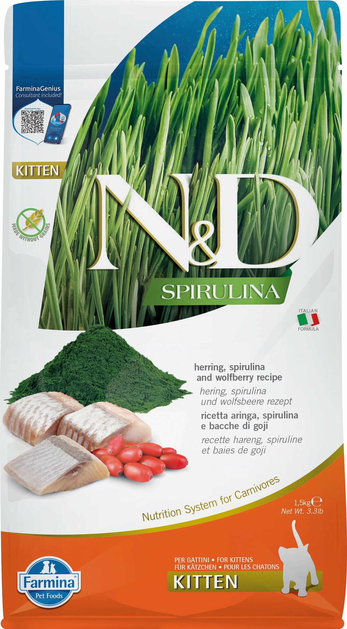 Farmina N&D Spirulina корм для котят, со спирулиной, сельдью и ягодами годжи 1,5 кг