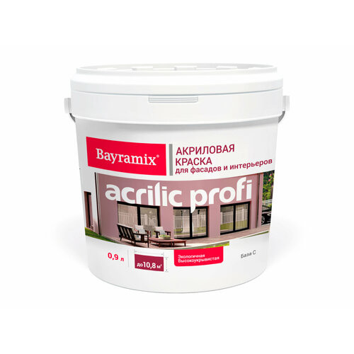 Краска для стен и потолка, фасадная, Bayramix Acrilic Profi, База С, бесцветная, 0,9 л