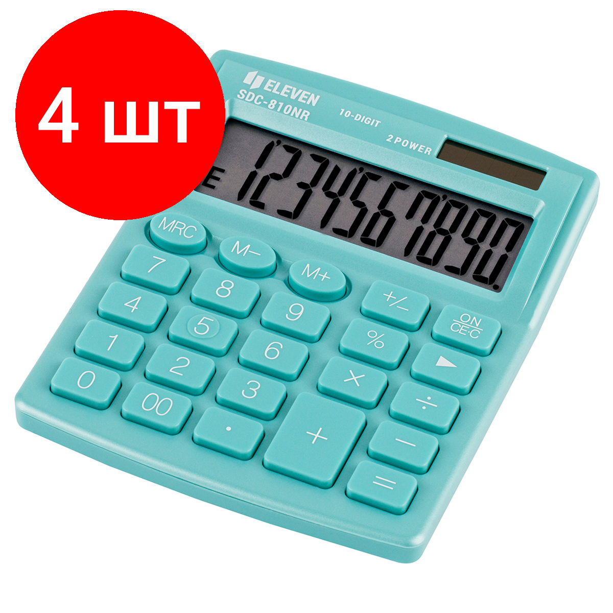 Комплект 4 шт, Калькулятор настольный Eleven SDC-810NR-GN, 10 разрядов, двойное питание, 127*105*21мм, бирюзовый