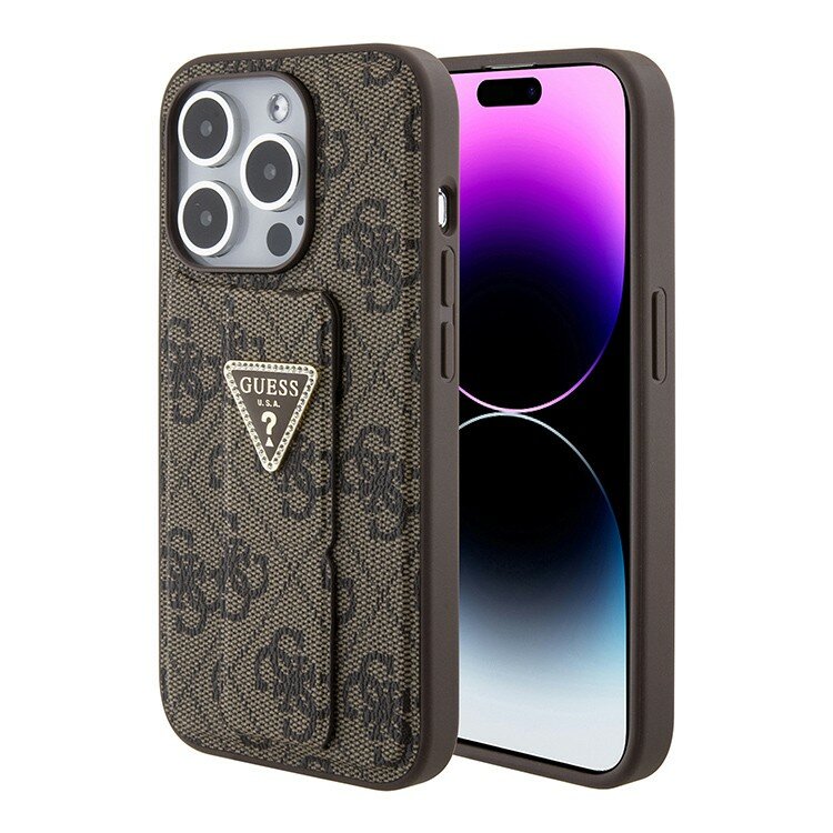 Guess для iPhone 15 Pro чехол кожаный с подставкой и принтом 4G с Triangle Diamond metal logo, коричневый