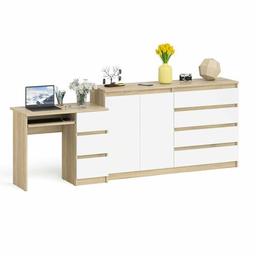Комод-тумба СВК Мори МК1600 4 ящика и дверки со столом МС-6 тумба справа дуб сонома/белый