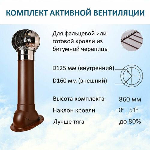 Комплект активной вентиляции: Турбодефлектор TD160 НСТ, вент. выход утепленный высотой Н-700, для скатной кровли, коричневый