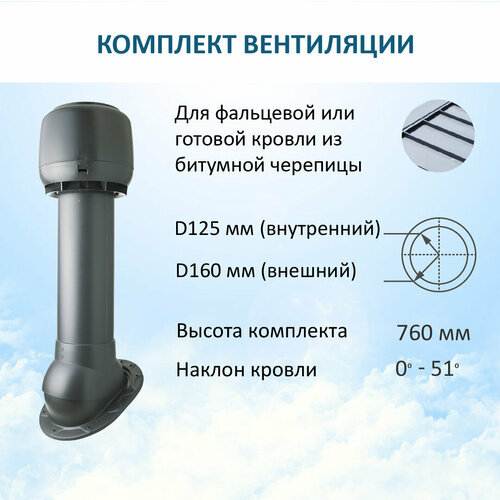 Комплект вентиляции: Колпак D160, вент. выход утепленный высотой H-700, для скатной кровли, серый комплект вентиляции колпак d160 вент выход утепленный высотой h 700 для скатной кровли серый