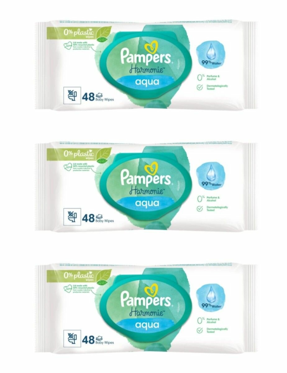 Влажные салфетки "Pampers Harmonie" для детской кожи, 99 % воды, 48шт, 3 уп