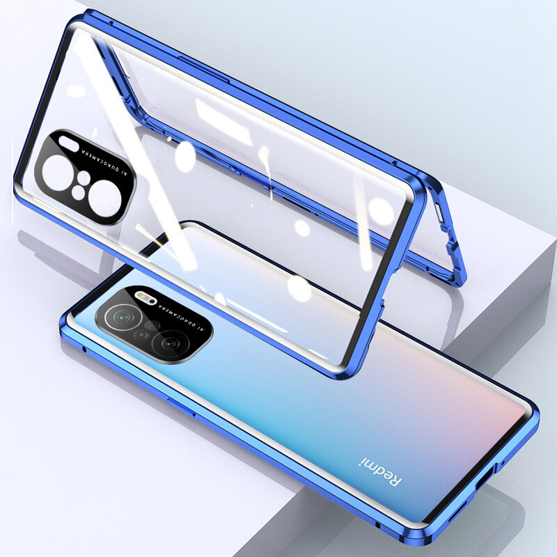 Чехол-бампер MyPads для Xiaomi Redmi K40 / Xiaomi Redmi K40 Pro / Xiaomi Poco F3 магнитный из стекла и металла синий