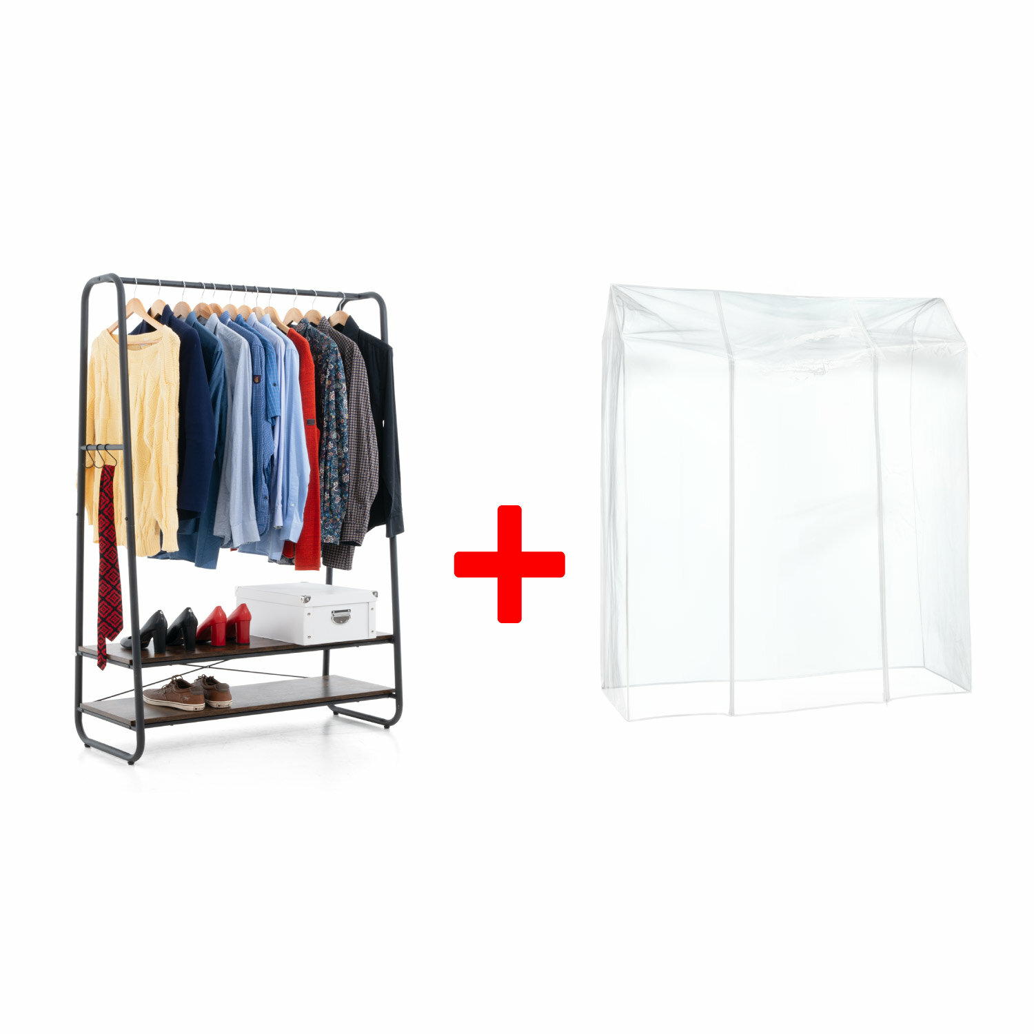 фото Вешалка напольная для одежды Tatkraft Anneli, для тяжелой одежды, с 2 полками, с 6-ю крючками рамой, 100x160x45 cm, коричнево-черная