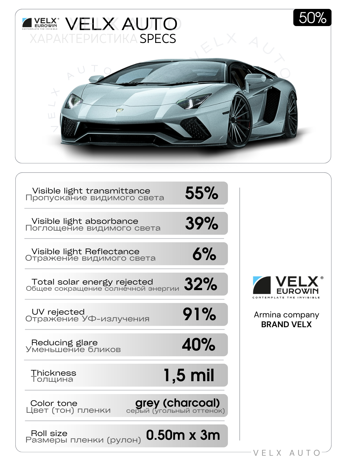 Пленка солнцезащитная тонировочная "VELX EUROWIN AUTO" в тубе 50% (0.5м х 3м)