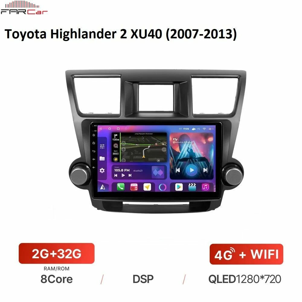 Штатная магнитола FarCar для Toyota Highlander 2 XU40 (2007-2013) на Android 12