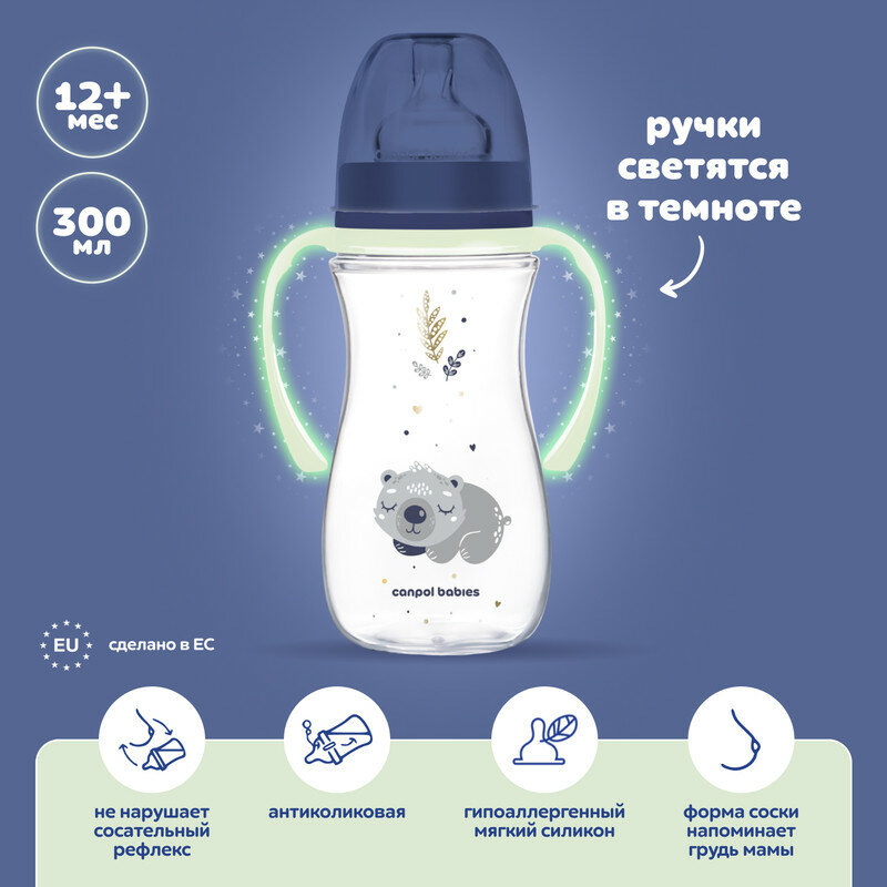 Детская антиколиковая бутылочка Canpol babies Sleepy Koala для кормления малыша, бутылка для воды и смеси, от коликов, от 1 годика, 300 мл, голубой