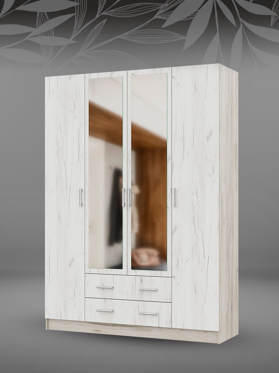 Шкаф распашной Гармония 4х створчатый ШК 602 М с зеркалом и ящиками, Дуб крафт белый/Дуб крафт серый