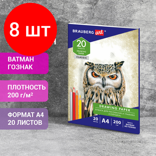 Комплект 8 шт, Бумага для рисования в папке А4, 20 л, 200 г/м2, ватман гознак, BRAUBERG ART CLASSIC, 114492