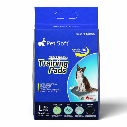 Pet Soft одноразовые впитывающие пеленки с угольным и липким стикером 60х60 36 шт dono pets pads одноразовые впитывающие пеленки для животных c углем размер l 60х60 40 штук