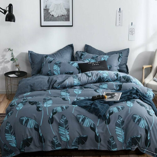 Комплект постельного белья Aimee Семейный Постельное белье с простыней на резинках по углам. Сатин 100%. Хлопок. SAYA HOME. Перья. синий, черный, размер семейный