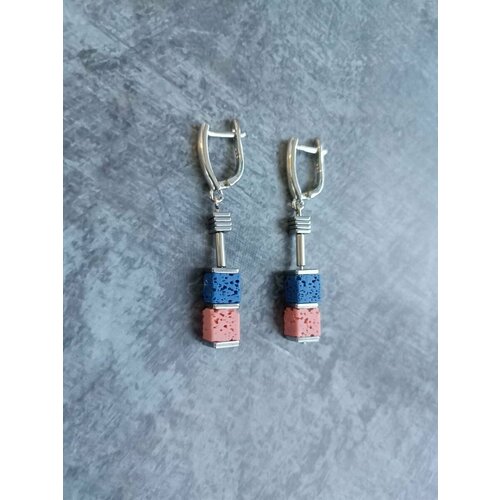 Серьги  Кубики, вулканическая лава, размер/диаметр 6 мм, синий, серебряный