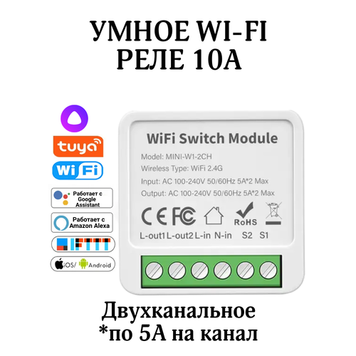 Умное двухканальное Wi-Fi реле Tuya 10А