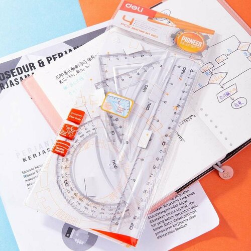 Набор чертежный пластиковый прозрачный (линейка 20 см, угольники 11 и 8 см, транспортир 12 см)