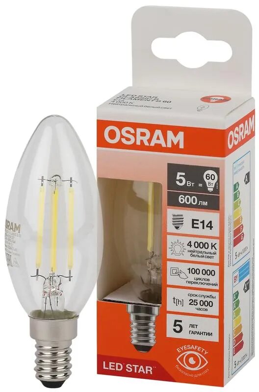 Лампочка светодиодная Osram филаментная стекло Свеча B E14 5Вт 220В 600Лм 4000К Дневной белый уп. 1шт