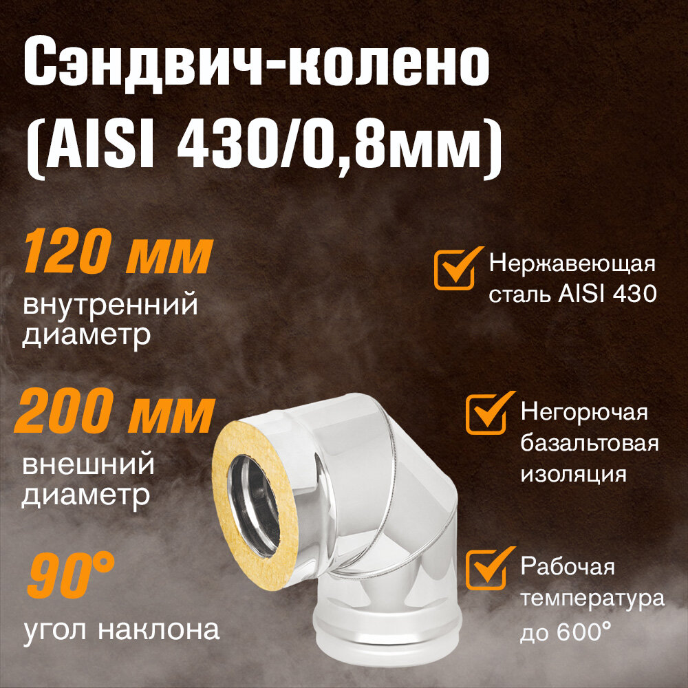 Сэндвич-колено для дымохода Нержавейка + Нержавейка (AISI 430/0,8мм) 90 градусов (120x200)