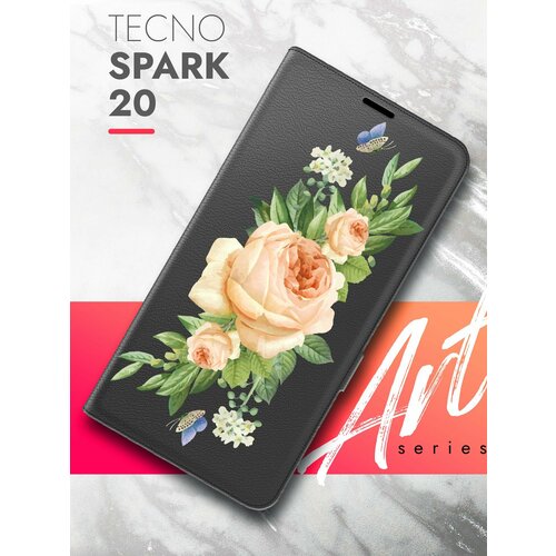 Чехол на Tecno Spark 20 (Техно Спарк 20) черный книжка эко-кожа с функцией подставки и магнитами Book case, Brozo (принт) Бежевые Розы чехол на tecno spark 20 техно спарк 20 зеленый опал книжка эко кожа с функцией подставки и магнитами book case brozo принт аниматроник паттерн