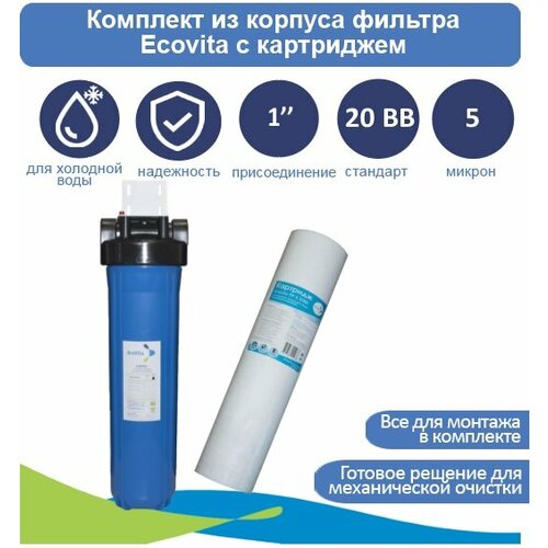 Корпус магистрального фильтра Ecovita 20BB с картриджем PP 5 20BB, кронштейн и ключ в комплекте