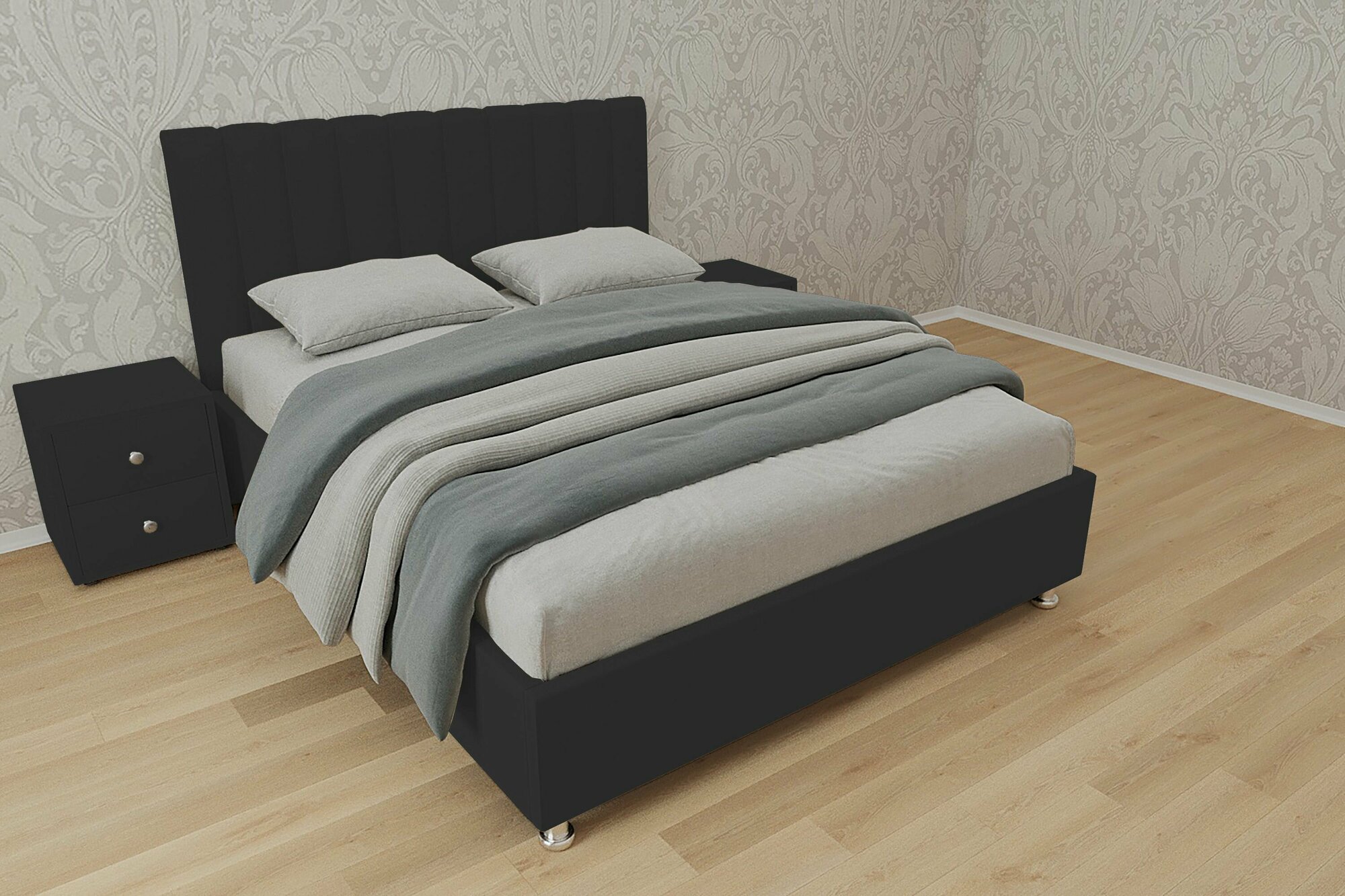Двуспальная кровать Челси с матрасом 140x200 с подъемным механизмом и с коробом для белья велюр черный без ножек