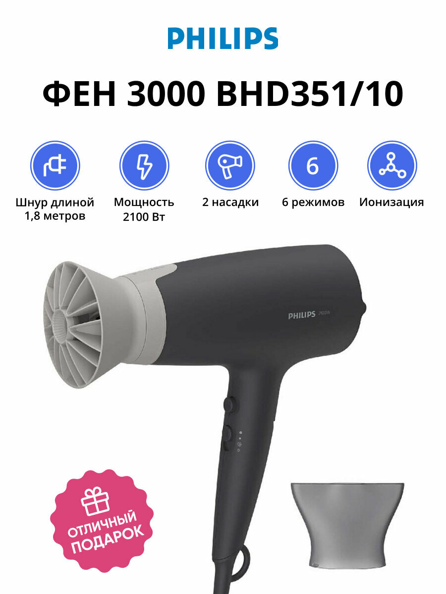 Фен Philips BHD351/10 черный - фото №18