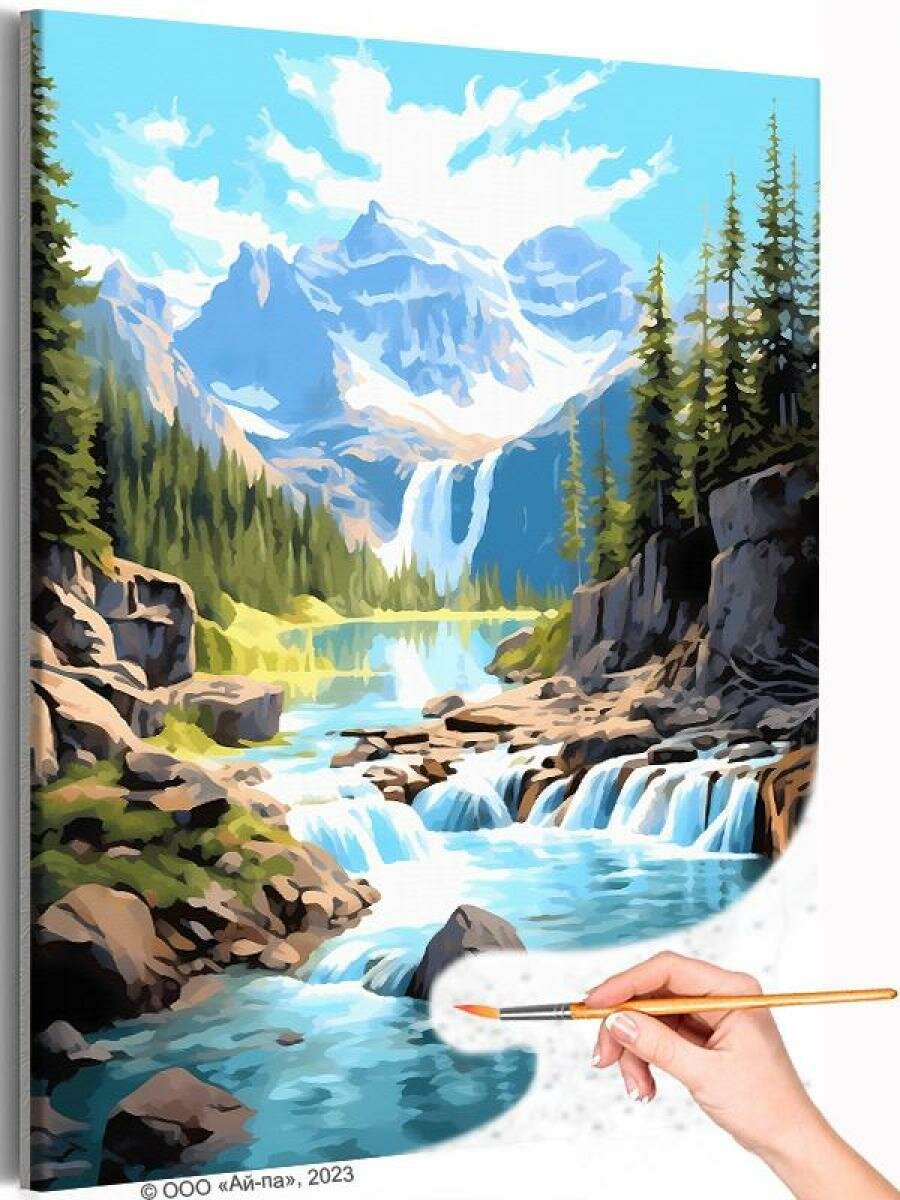 Горы и водопад Природа Пейзаж Река Лето Интерьерная Раскраска картина по номерам на холсте 40х50