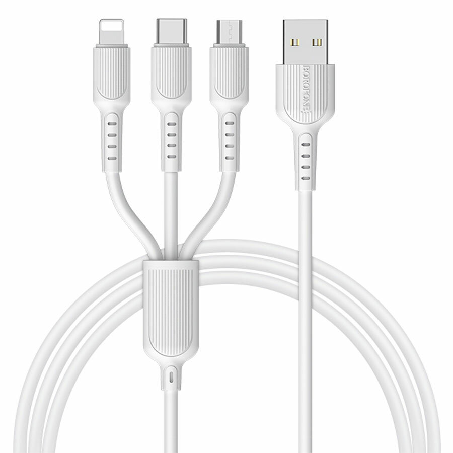 Кабель для айфон USB BOROFONE BX16 Easy 3 в 1 USB - Type-C + Lightning + MicroUSB, 2.4А, 1 м, белый