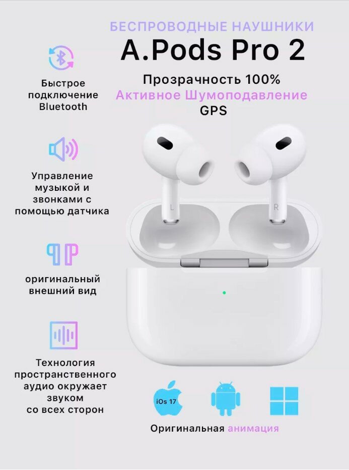 Беспроводные наушники для телефона с шумоподавлением и анимацией Pods PRO 2 для iPhone Samsung Xiaomi Honor Oppo Huawei Tecno