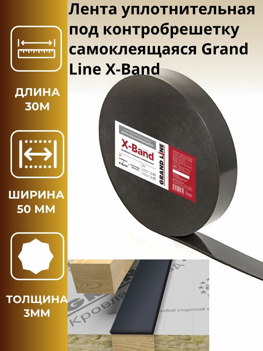 Лента уплотнительная под контробрешетку самоклеящаяся Grand Line X-Band 50мм х 30м х 3мм-2шт