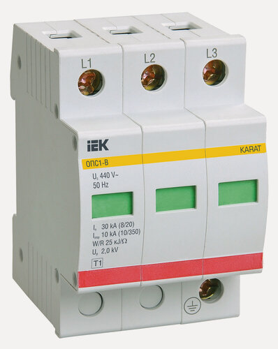 Изображение товара Ограничитель импульсного перенапряжения IEK ОПС1-B 3P 30/60кА 400В, варистор, IP20, монтаж на DIN-рейку 35мм, белый