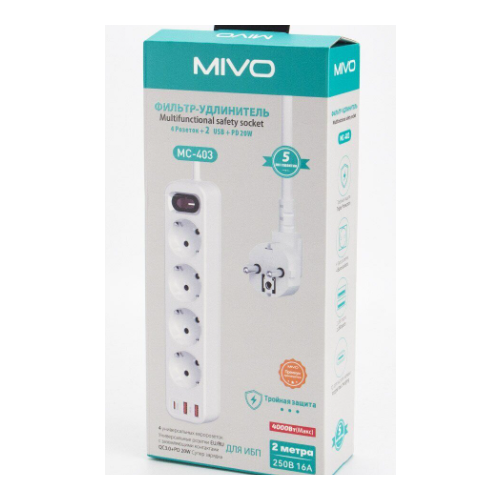 Фильтр-удлинитель Mivo MС-403 4 розетки+2 USB+ Type-C