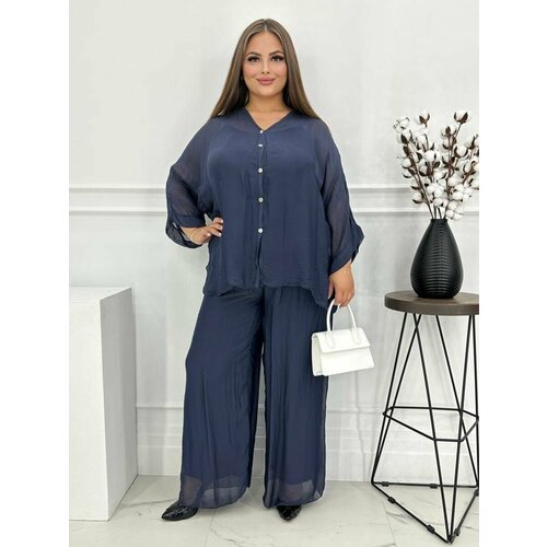 , размер 42/54, синий летний новый женский костюм с рукавами фонариками свободный топ с принтом и широкие брюки комплект из двух предметов для женщин