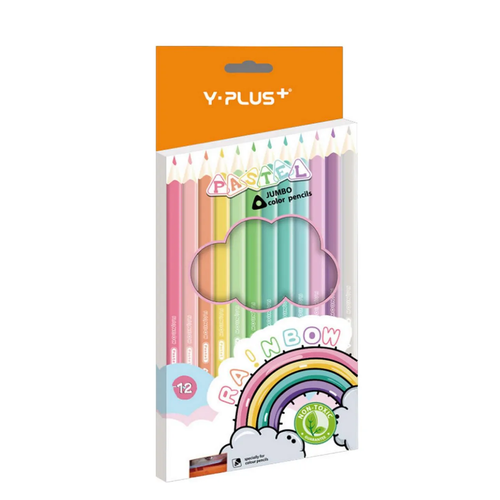 Карандаши цветные Y-Plus Rainbow Pastel утолщенные, 12 шт+точилка