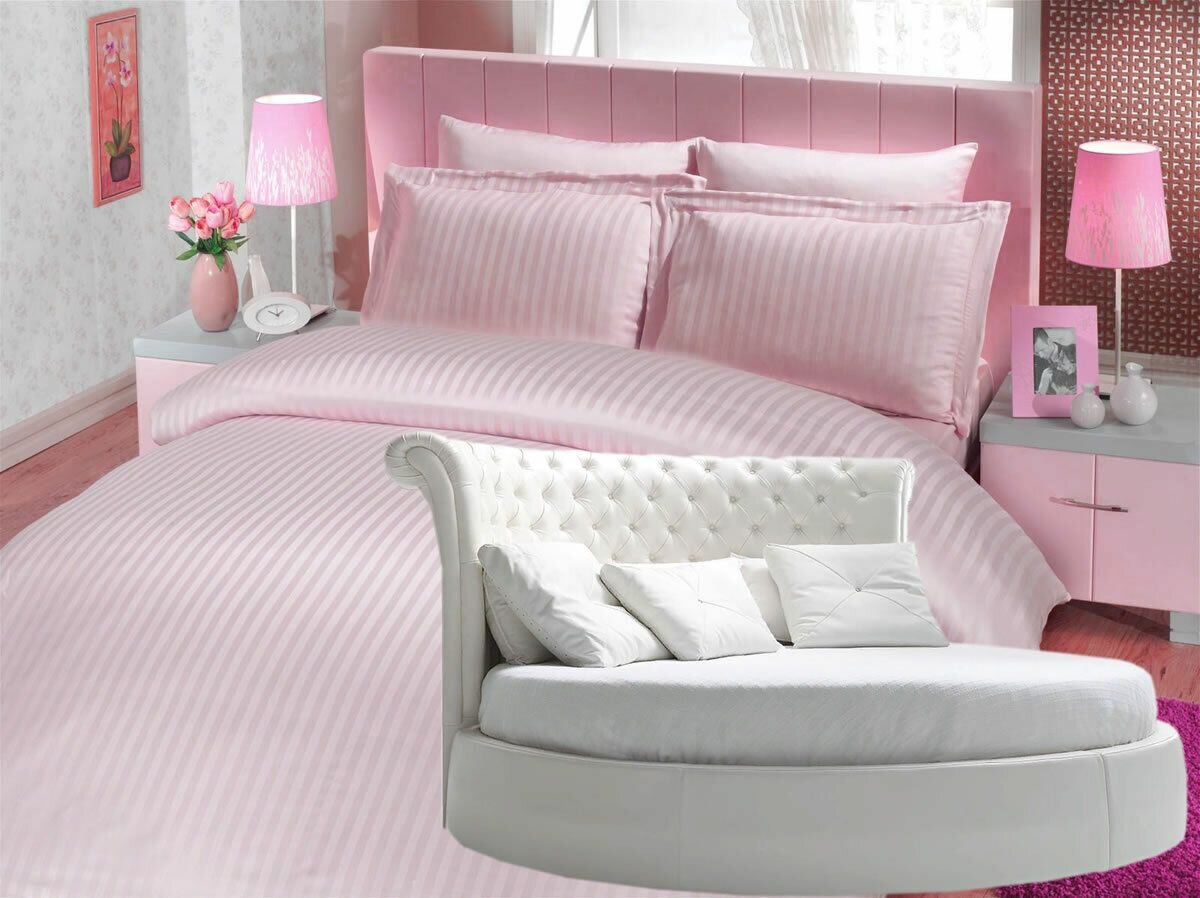 фото Простыня круглая из страйп-сатина на резинке 210 х 210 х 40 - М - 135 - Розовая Вистерия 1х1