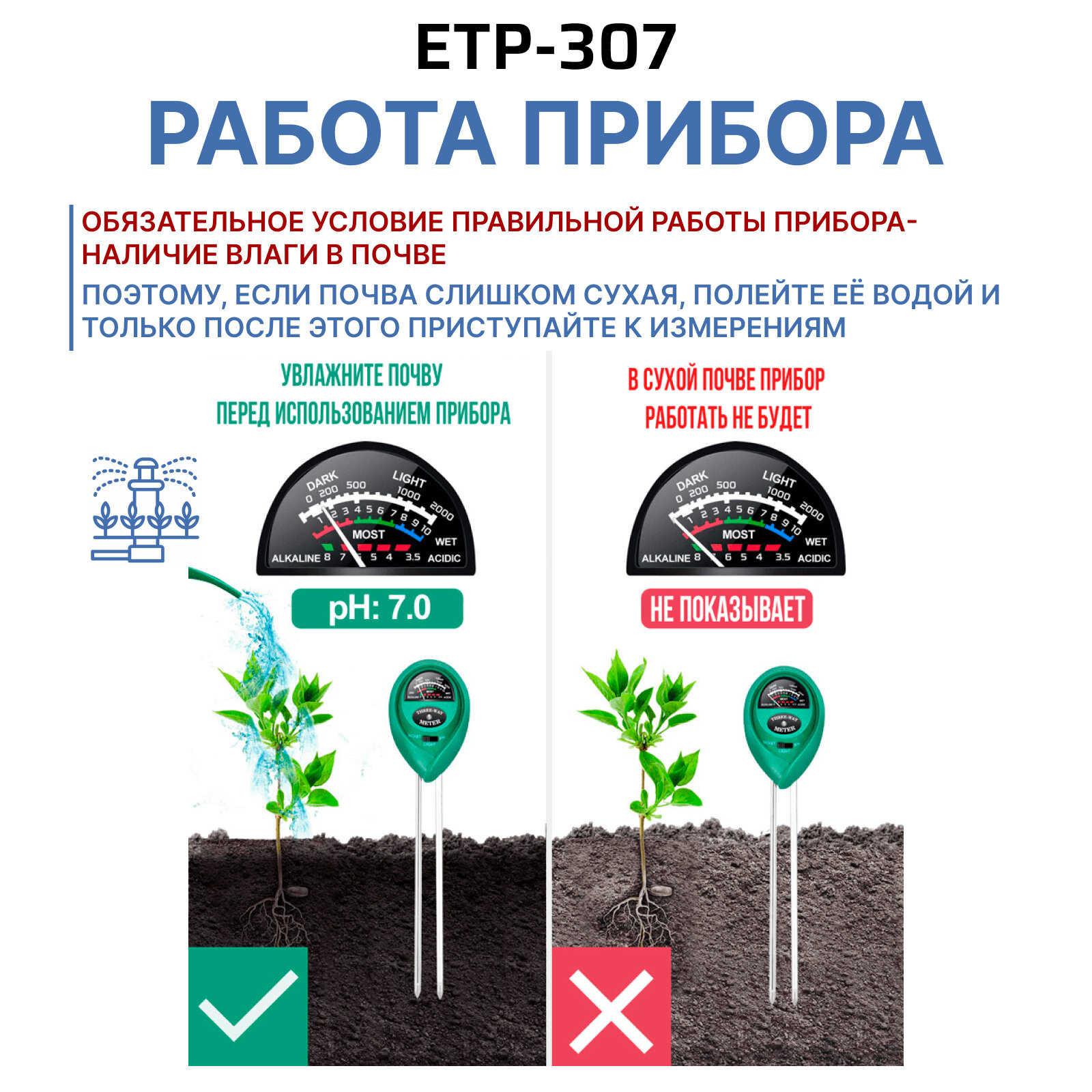 PH метр для почвы, влагомер и измеритель освещенности 3 в 1 ETP307