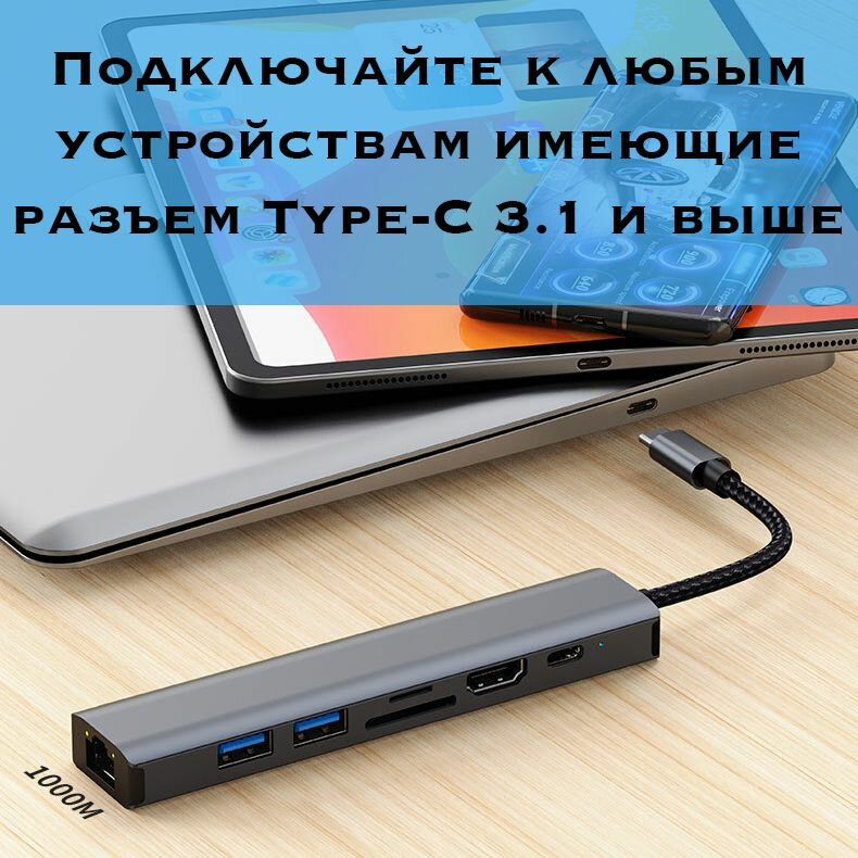 USB HUB 3.0 для ноутбука 7in1 / Type-C HDMI HUB для MacBook / USB Разветвитель с HDMI 4K 30 Гц, RJ-45 1000 Мбит/С, USB 3.0x2, PowerDelivery 100W — фото 1