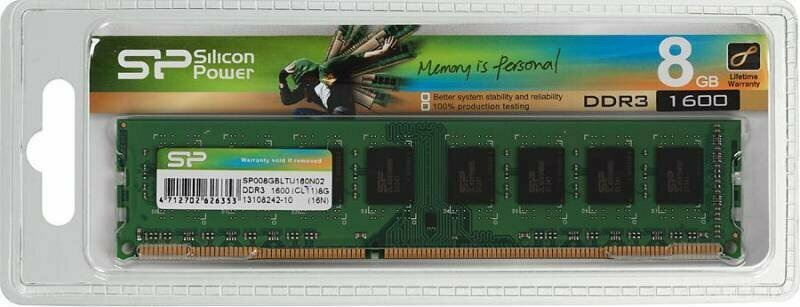 Оперативная память Silicon Power SP008GBLTU160N02 DDR3 - 1x 8ГБ 1600МГц, DIMM, Ret