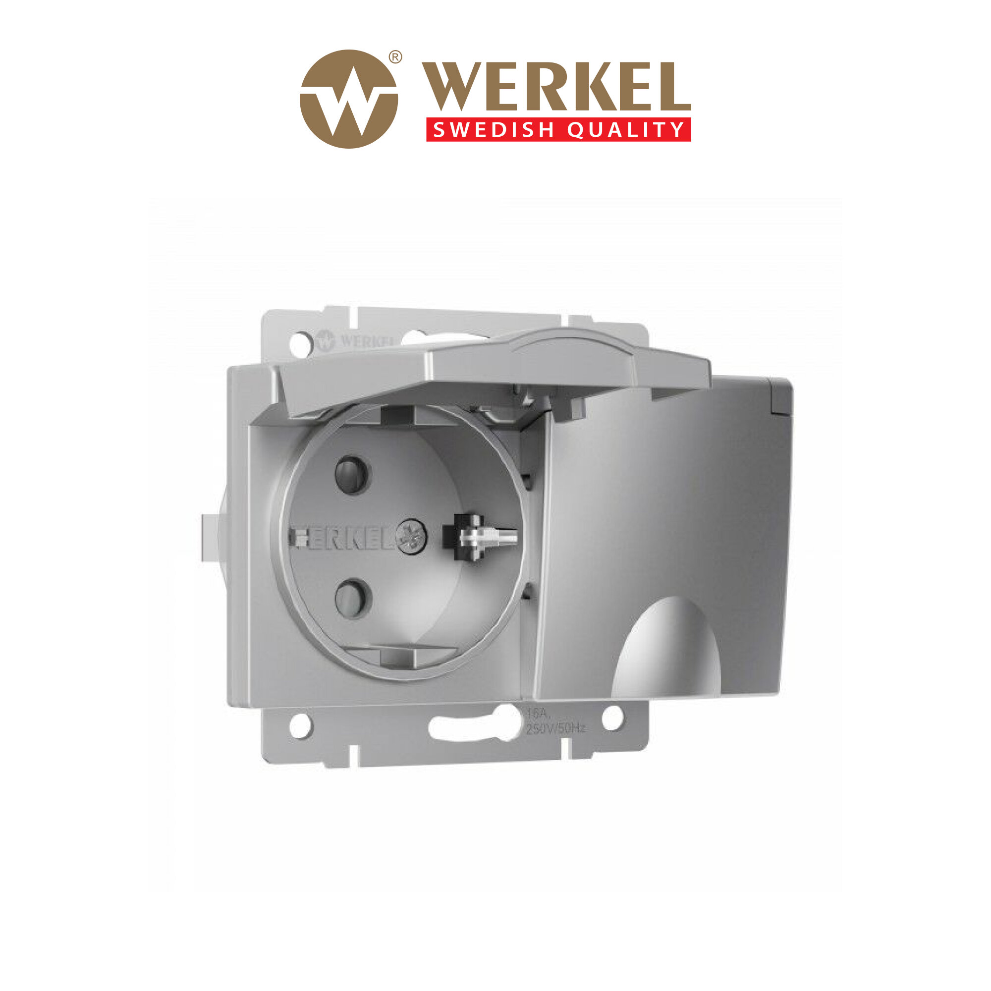 Розетка двойная влагозащ. с зазем. с защит. крышками и шторками Werkel W1172206 серебряный IP44