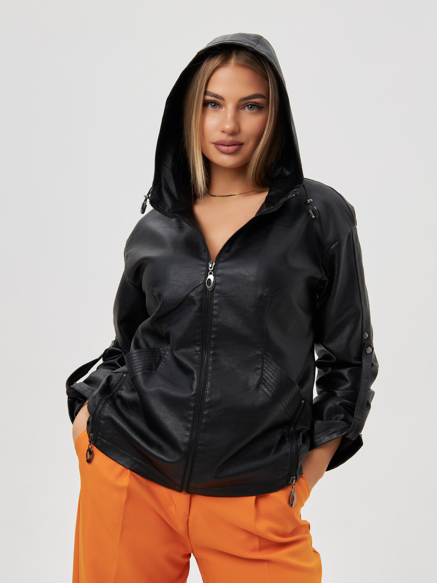 фото Куртка женская LINA REY демисезон, куртка осенняя женская, кожаная куртка женская, косуха женская, куртка женская демисезон большие размеры, верхняя одежда женская, кожанка женская, куртка осенняя женская с капюшоном, курточка черная