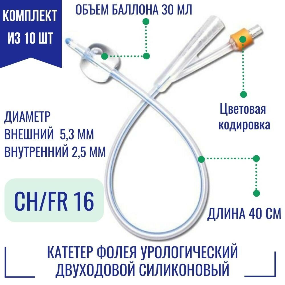 Катетеры Фолея Alba двухходовых силиконовых, размер 16 Fr, 40 см, баллон 30 мл (10 шт.)